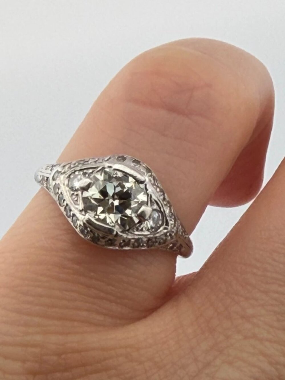 Art Deco Style Platinum Old European Cut Diamond Ring SI1 J Size 5.25 - Picture 3 of 8